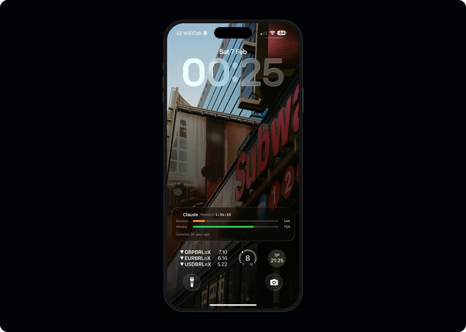 iPhone Lock Screen showing Live Activity with Claude usage countdown in compact widget view